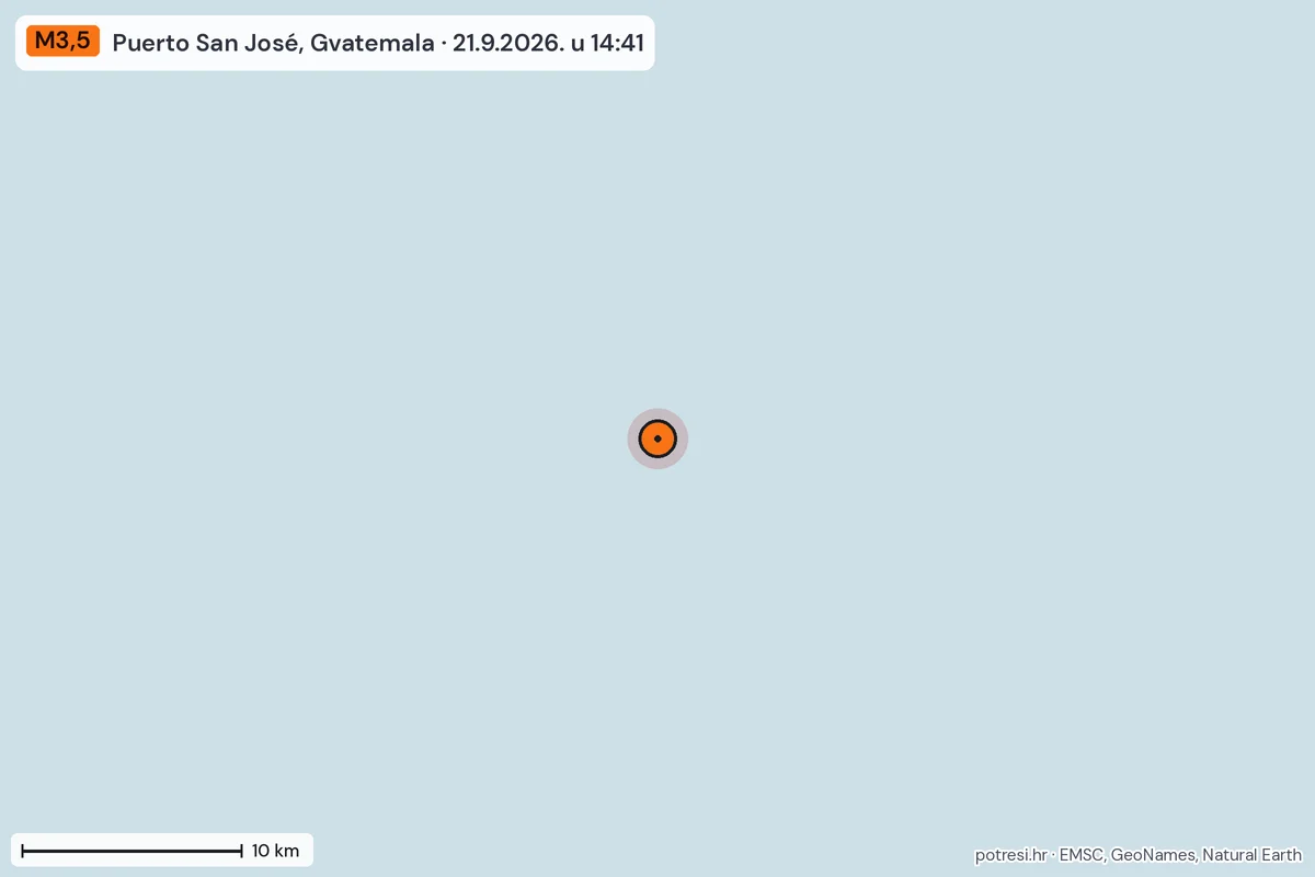 Karta: okolica epicentra, 60 km, potres M3,5, Puerto San José, Gvatemala, 21.9.2026.