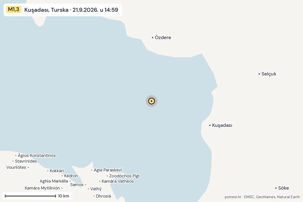 Karta: okolica epicentra, 60 km, potres M1,3, Kuşadası, Turska, 21.9.2026.