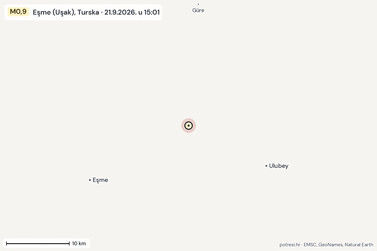 Karta: okolica epicentra, 60 km, potres M0,9, Eşme (Uşak), Turska, 21.9.2026.