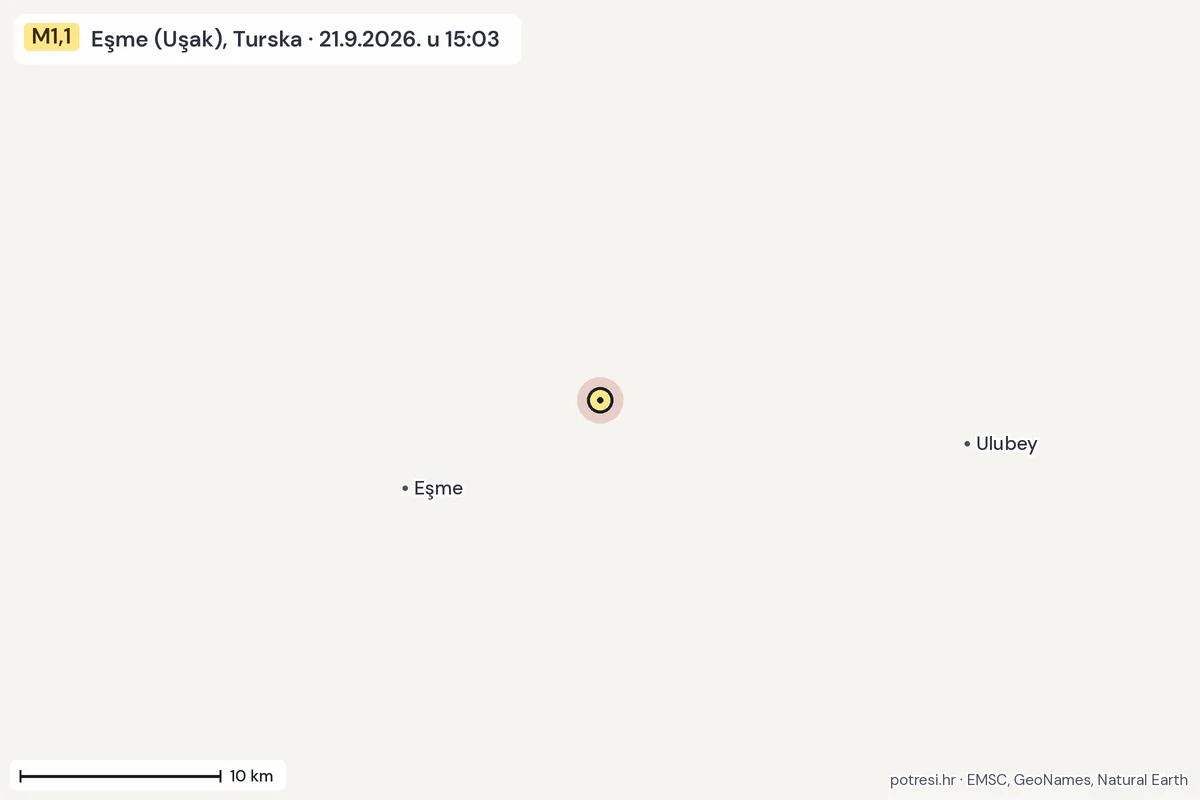 Karta: okolica epicentra, 60 km, potres M1,1, Eşme (Uşak), Turska, 21.9.2026.