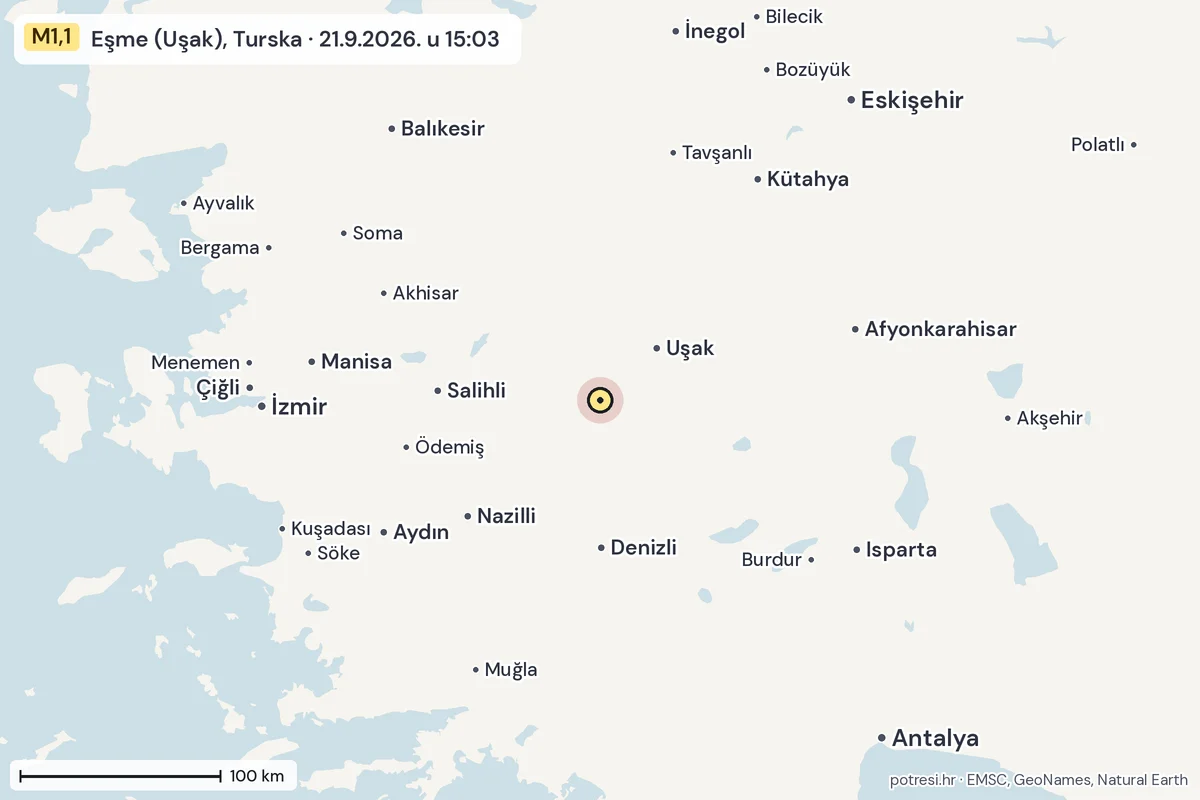 Karta: šire područje, 600 km, potres M1,1, Eşme (Uşak), Turska, 21.9.2026.