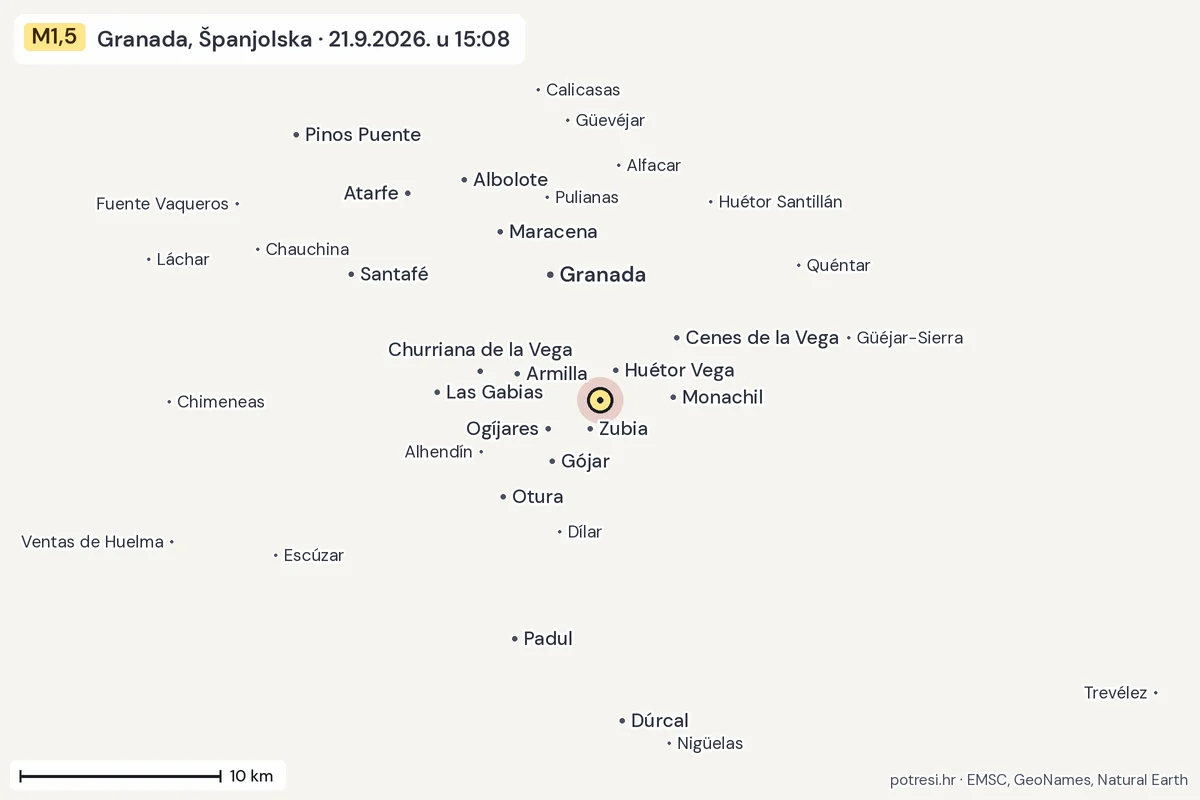 Karta: okolica epicentra, 60 km, potres M1,5, Granada, Španjolska, 21.9.2026.