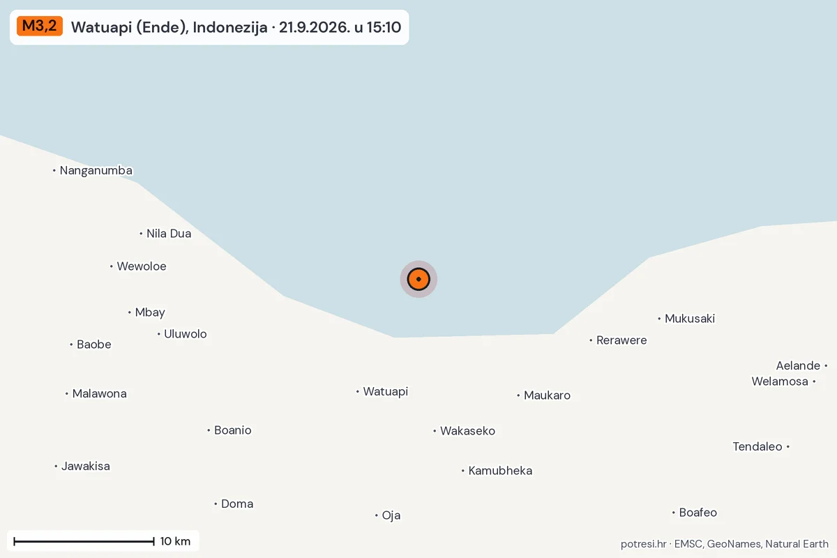 Karta: okolica epicentra, 60 km, potres M3,2, Watuapi (Ende), Indonezija, 21.9.2026.