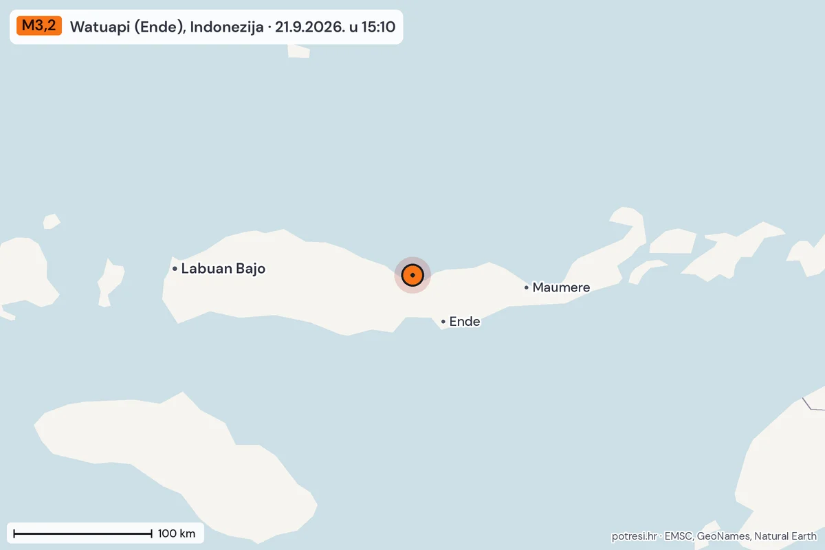 Karta: šire područje, 600 km, potres M3,2, Watuapi (Ende), Indonezija, 21.9.2026.