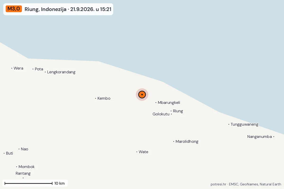 Karta: okolica epicentra, 60 km, potres M3,0, Riung, Indonezija, 21.9.2026.
