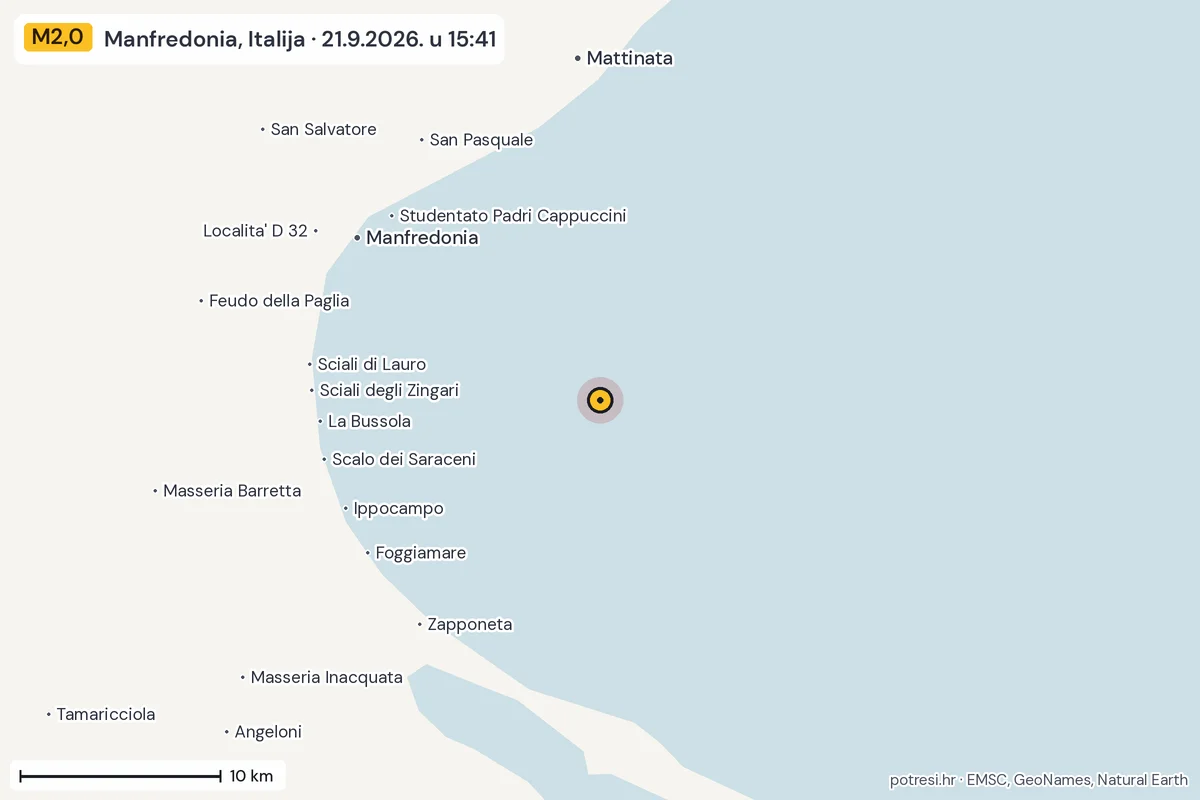 Karta: okolica epicentra, 60 km, potres M2,0, Manfredonia, Italija, 21.9.2026.
