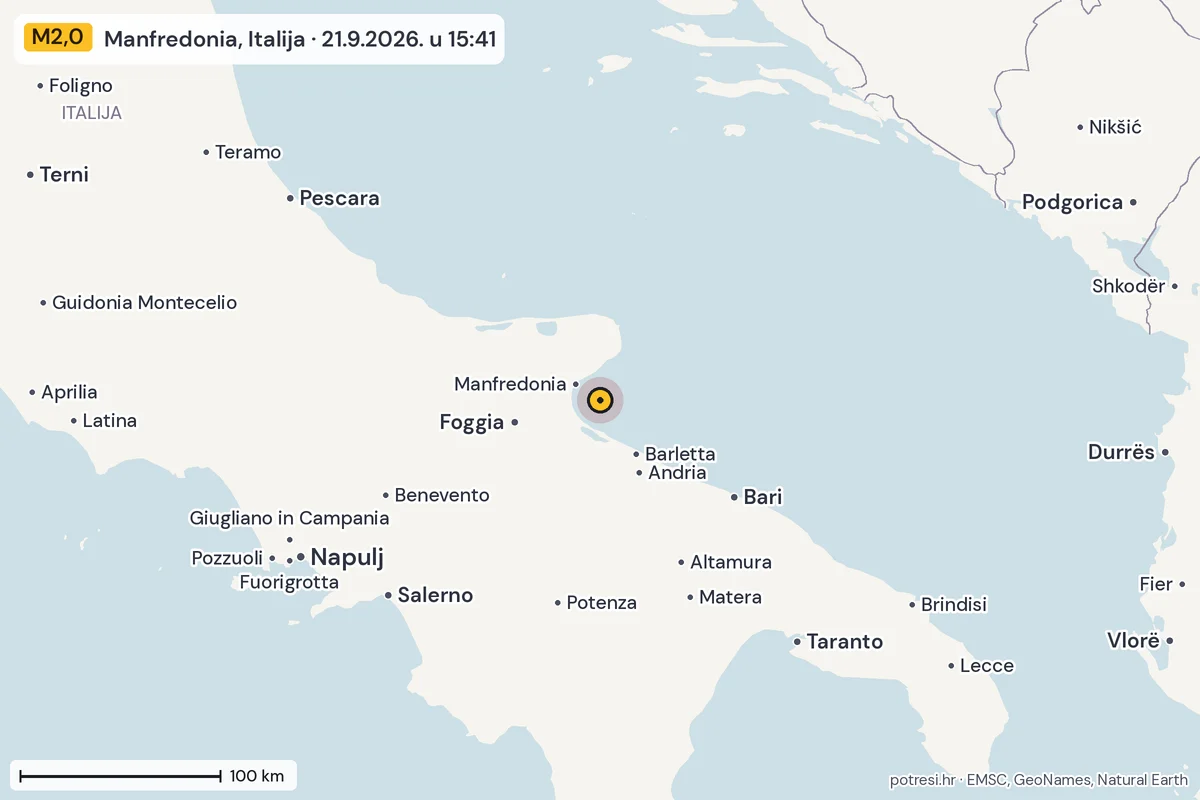 Karta: šire područje, 600 km, potres M2,0, Manfredonia, Italija, 21.9.2026.