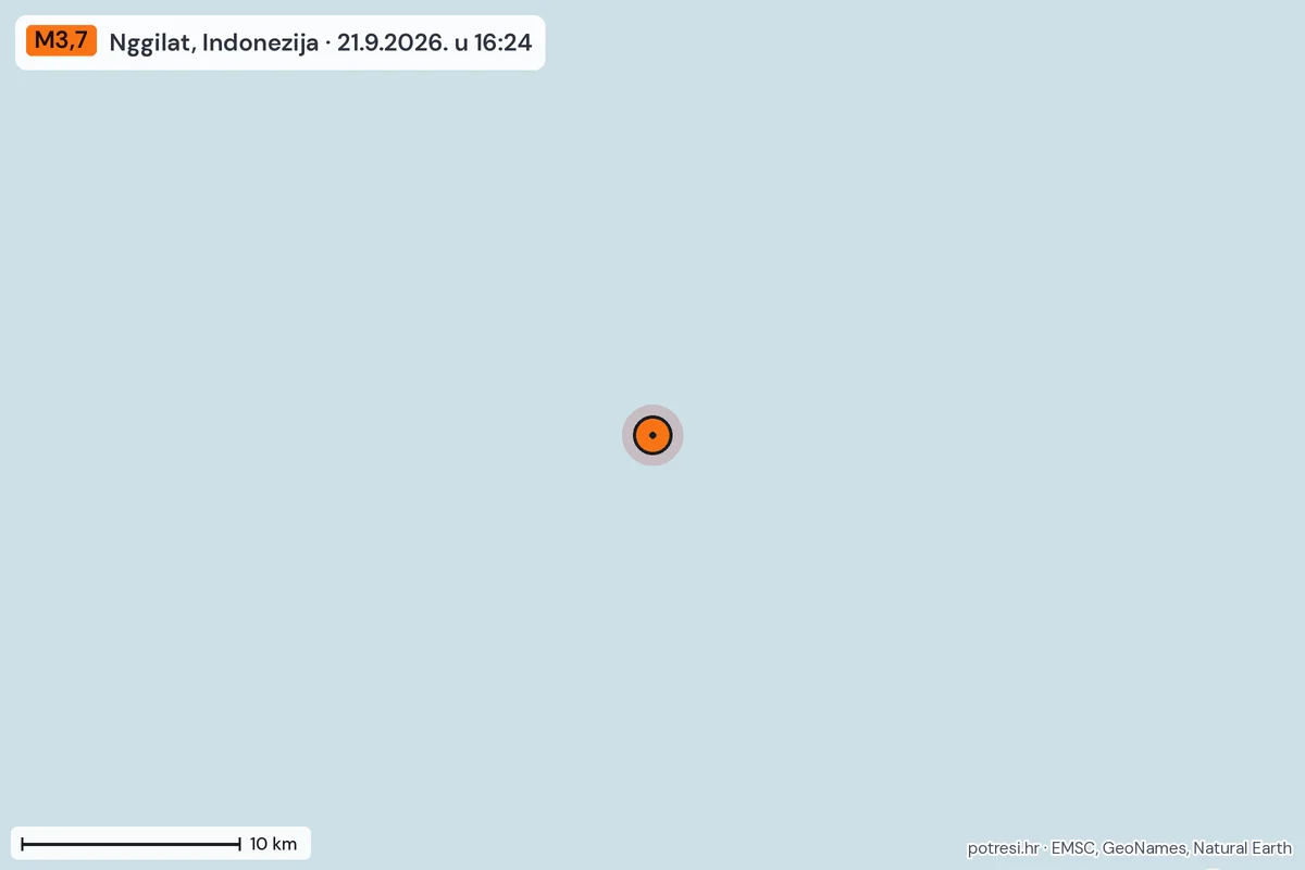 Karta: okolica epicentra, 60 km, potres M3,7, Nggilat, Indonezija, 21.9.2026.