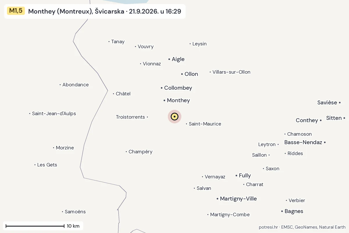 Karta: okolica epicentra, 60 km, potres M1,5, Monthey (Montreux), Švicarska, 21.9.2026.