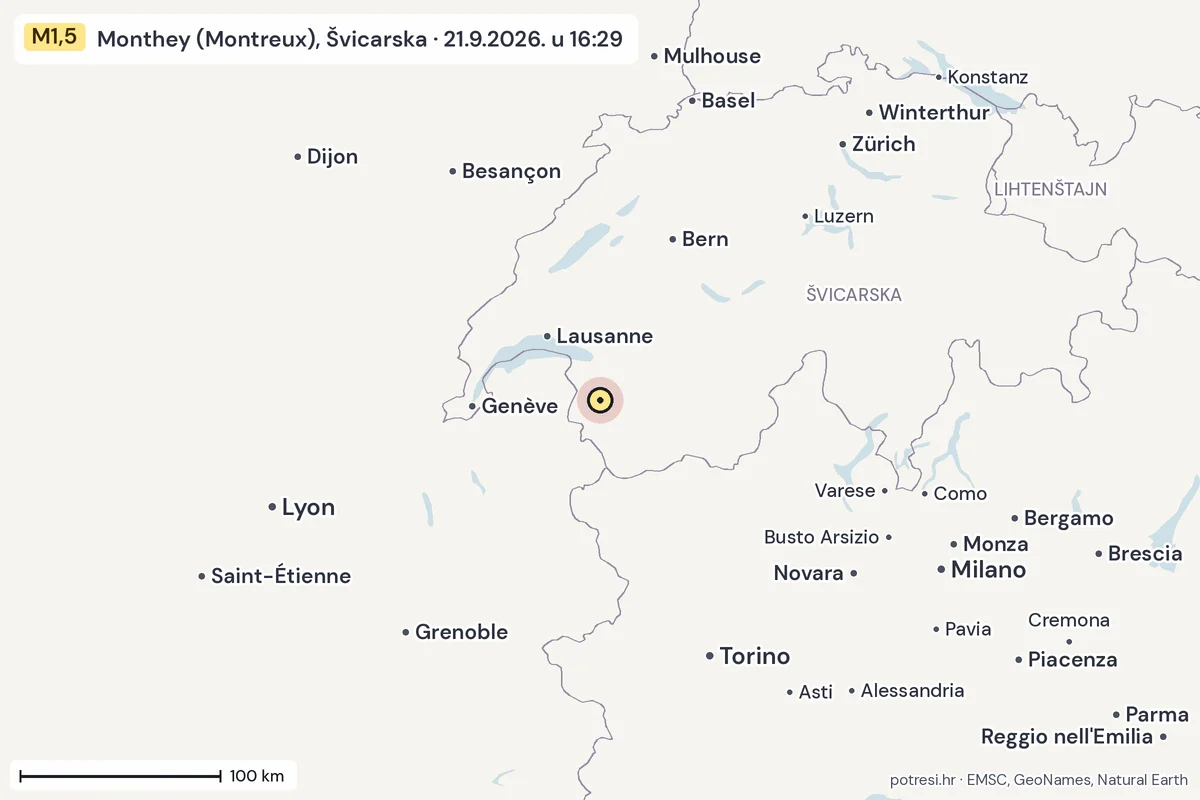Karta: šire područje, 600 km, potres M1,5, Monthey (Montreux), Švicarska, 21.9.2026.