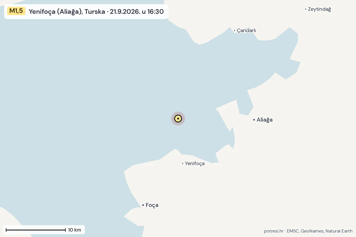 Karta: okolica epicentra, 60 km, potres M1,5, Yenifoça (Aliağa), Turska, 21.9.2026.