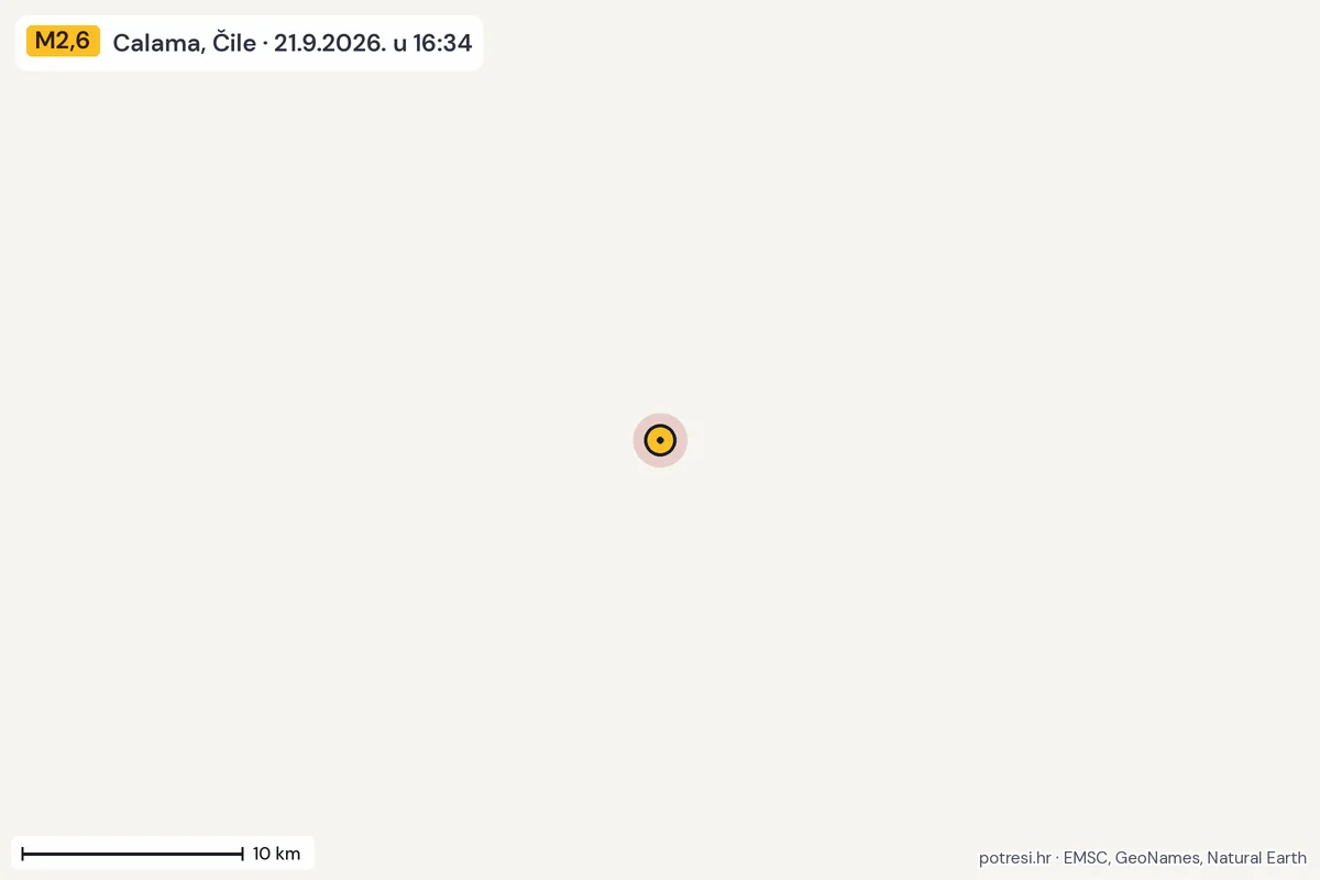 Karta: okolica epicentra, 60 km, potres M2,6, Calama, Čile, 21.9.2026.