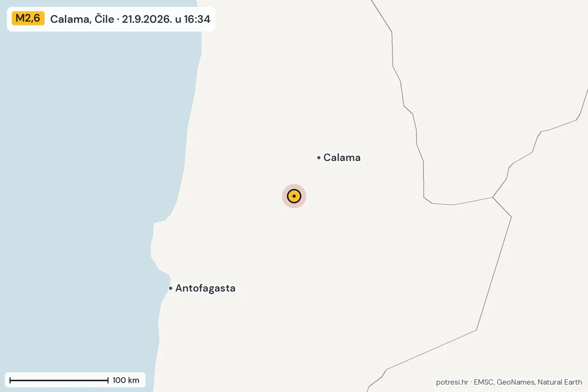 Karta: šire područje, 600 km, potres M2,6, Calama, Čile, 21.9.2026.