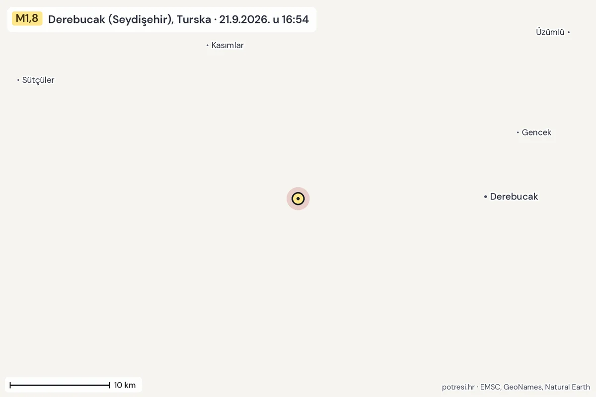Karta: okolica epicentra, 60 km, potres M1,8, Derebucak (Seydişehir), Turska, 21.9.2026.