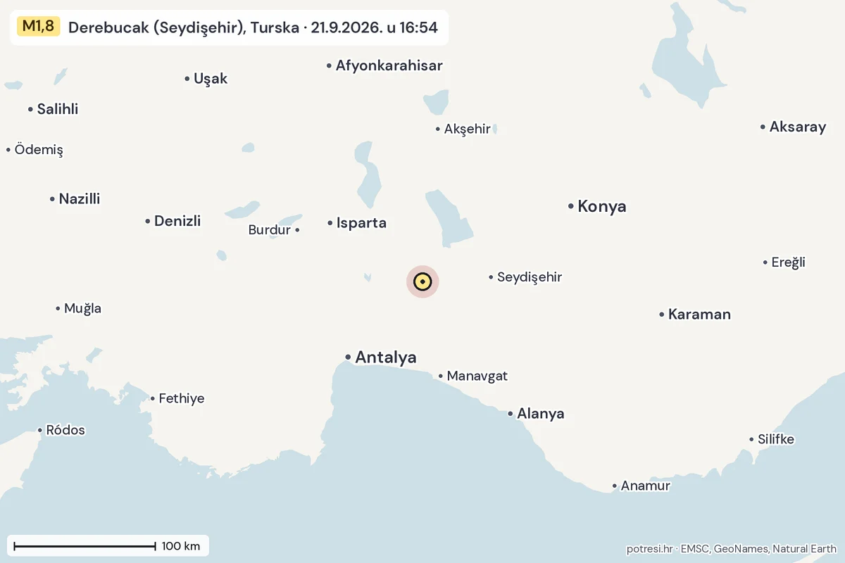 Karta: šire područje, 600 km, potres M1,8, Derebucak (Seydişehir), Turska, 21.9.2026.