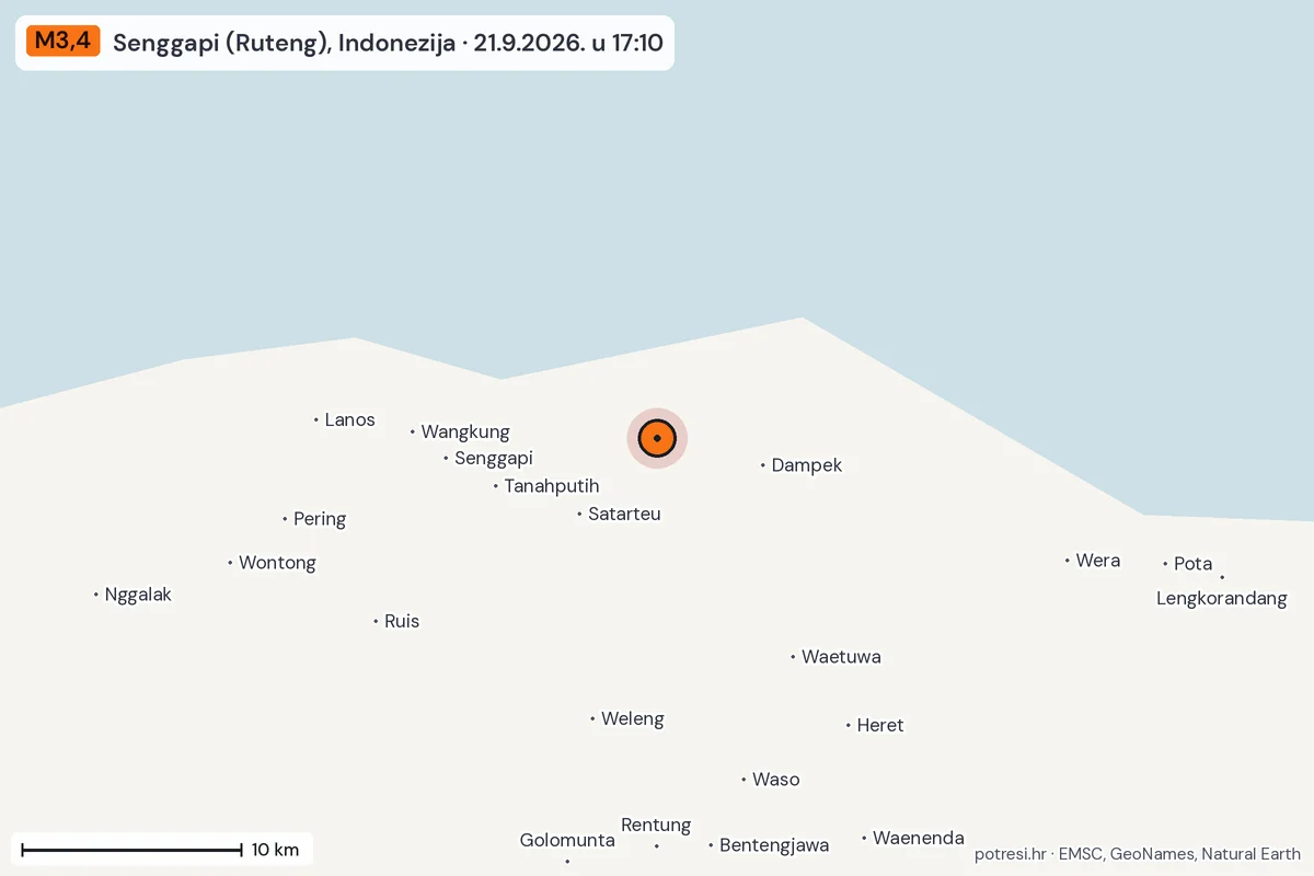 Karta: okolica epicentra, 60 km, potres M3,4, Senggapi (Ruteng), Indonezija, 21.9.2026.