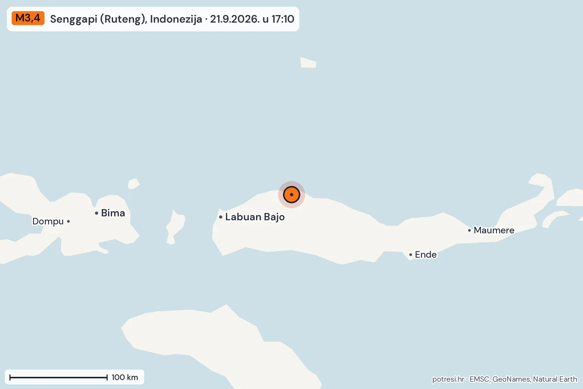 Karta: šire područje, 600 km, potres M3,4, Senggapi (Ruteng), Indonezija, 21.9.2026.