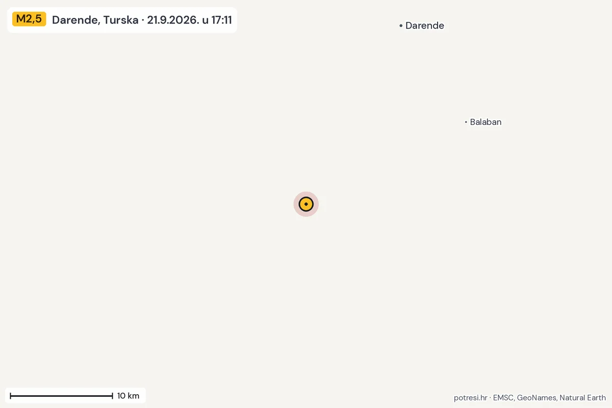 Karta: okolica epicentra, 60 km, potres M2,5, Darende, Turska, 21.9.2026.