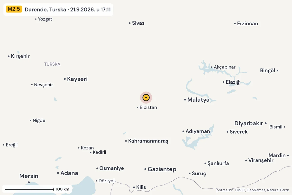 Karta: šire područje, 600 km, potres M2,5, Darende, Turska, 21.9.2026.