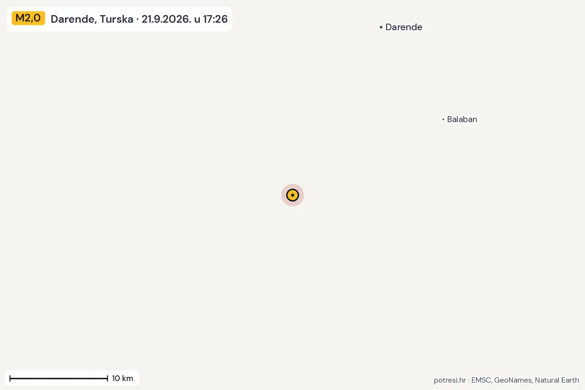 Karta: okolica epicentra, 60 km, potres M2,0, Darende, Turska, 21.9.2026.