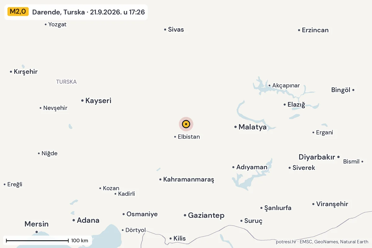 Karta: šire područje, 600 km, potres M2,0, Darende, Turska, 21.9.2026.