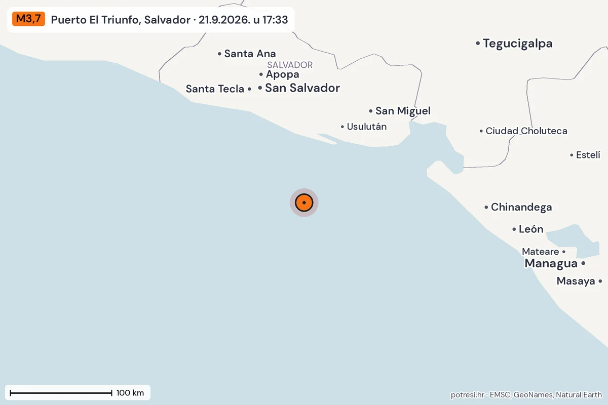 Karta: šire područje, 600 km, potres M3,7, Puerto El Triunfo, Salvador, 21.9.2026.