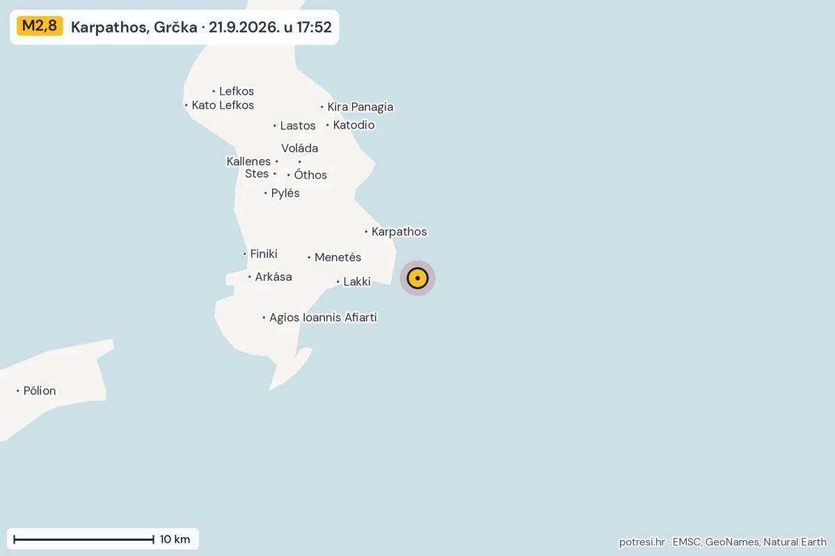 Karta: okolica epicentra, 60 km, potres M2,8, Karpathos, Grčka, 21.9.2026.