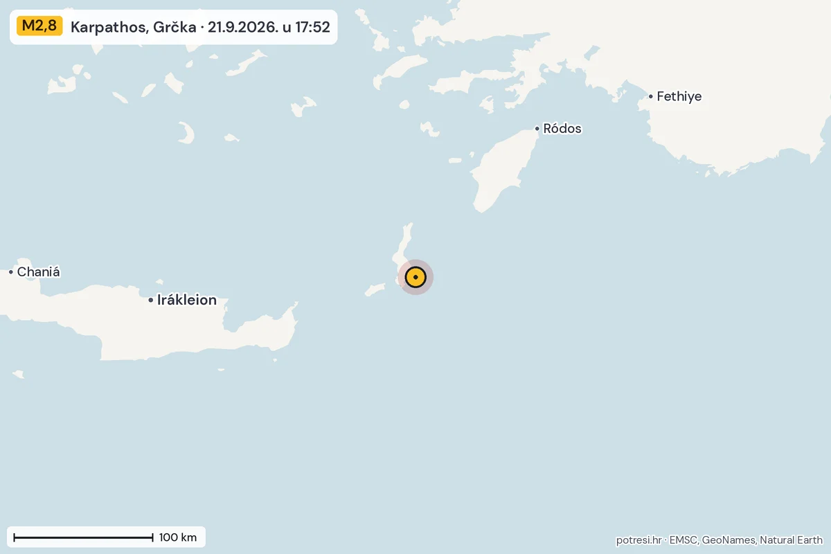 Karta: šire područje, 600 km, potres M2,8, Karpathos, Grčka, 21.9.2026.