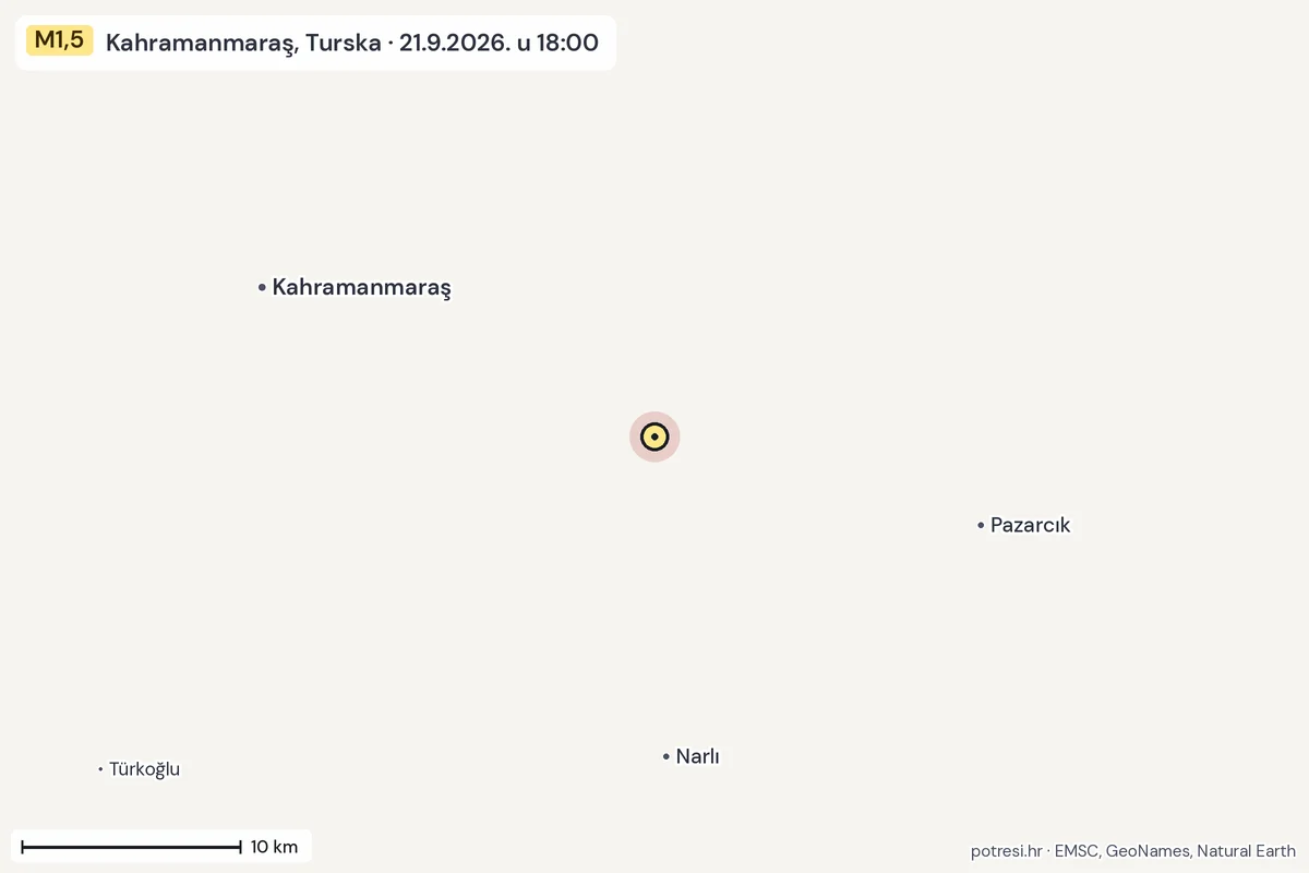 Karta: okolica epicentra, 60 km, potres M1,5, Kahramanmaraş, Turska, 21.9.2026.