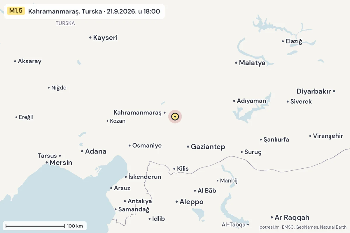 Karta: šire područje, 600 km, potres M1,5, Kahramanmaraş, Turska, 21.9.2026.