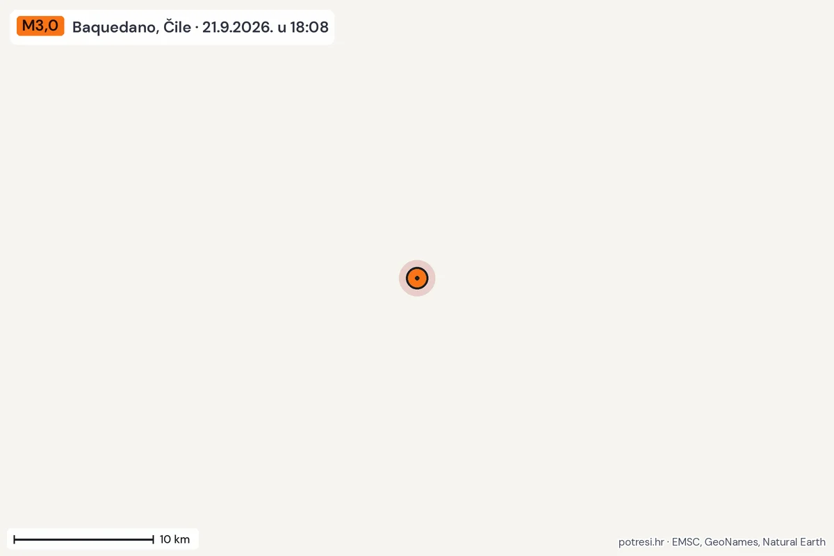 Karta: okolica epicentra, 60 km, potres M3,0, Baquedano, Čile, 21.9.2026.