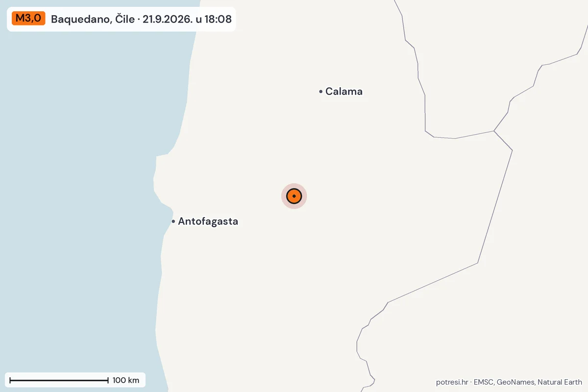 Karta: šire područje, 600 km, potres M3,0, Baquedano, Čile, 21.9.2026.