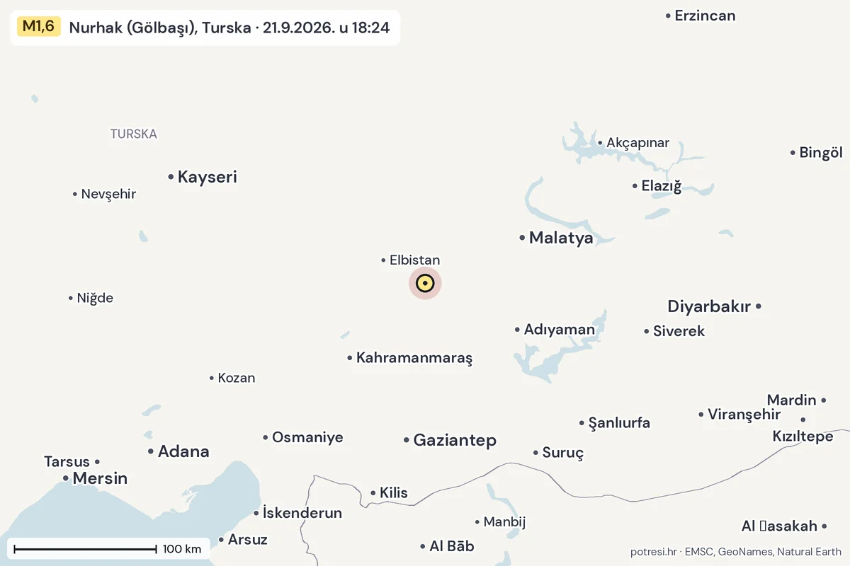 Karta: šire područje, 600 km, potres M1,6, Nurhak (Gölbaşı), Turska, 21.9.2026.