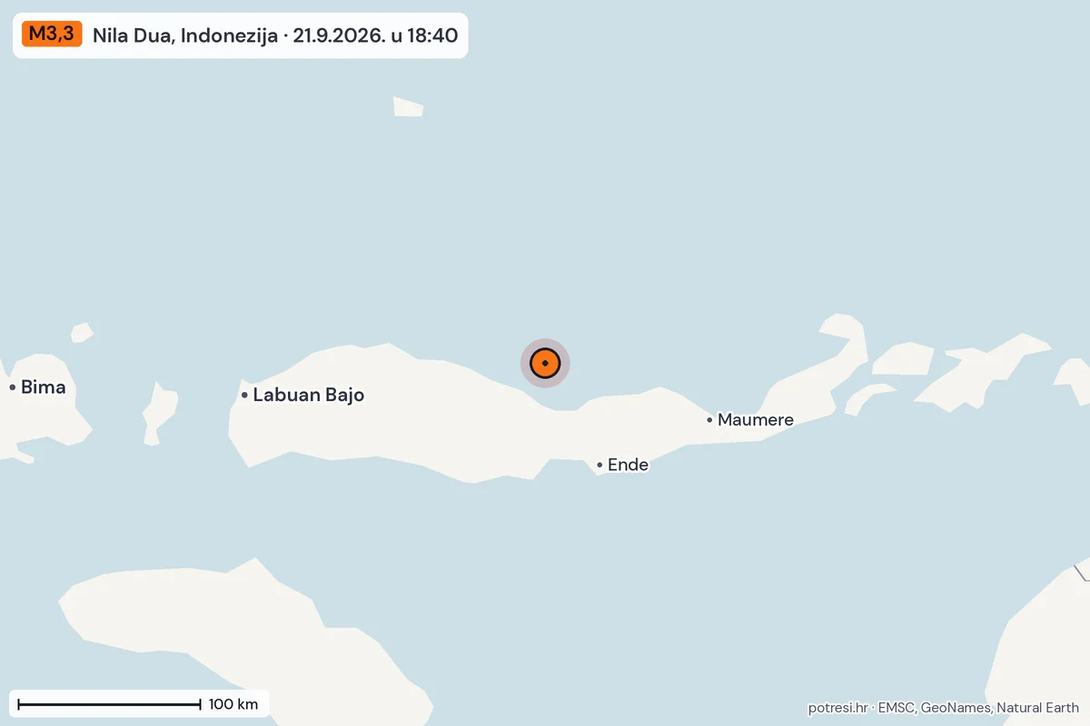 Karta: šire područje, 600 km, potres M3,3, Nila Dua, Indonezija, 21.9.2026.