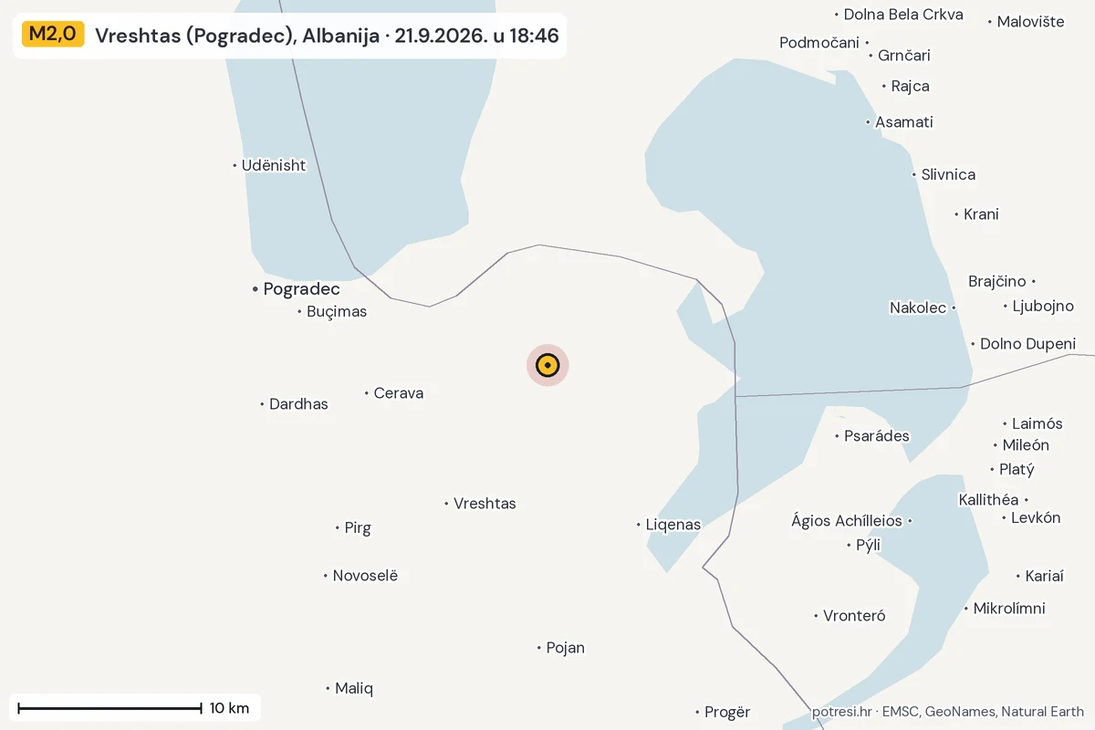 Karta: okolica epicentra, 60 km, potres M2,0, Vreshtas (Pogradec), Albanija, 21.9.2026.