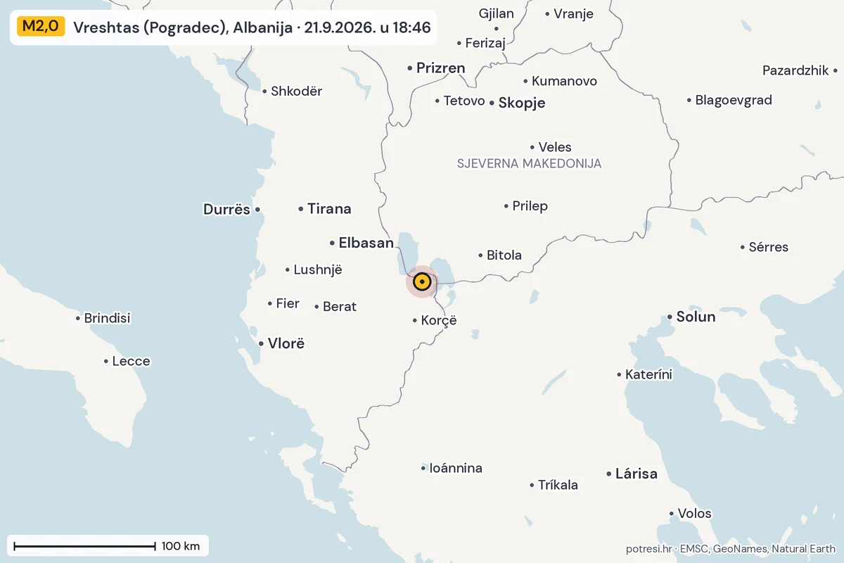Karta: šire područje, 600 km, potres M2,0, Vreshtas (Pogradec), Albanija, 21.9.2026.