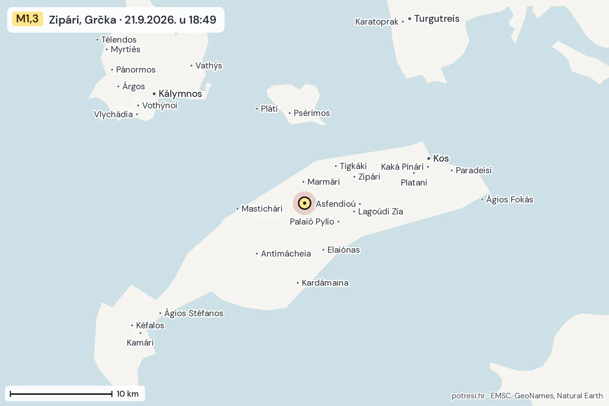Karta: okolica epicentra, 60 km, potres M1,3, Zipári, Grčka, 21.9.2026.