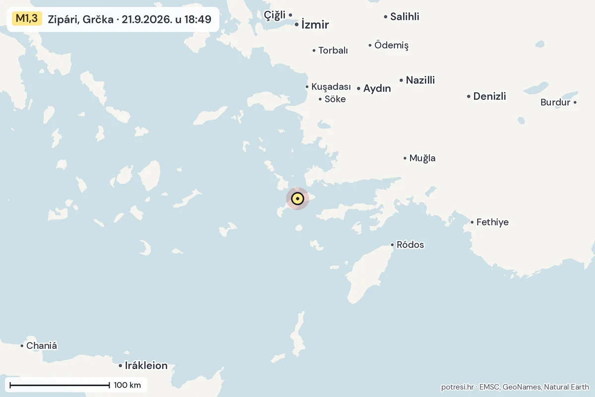 Karta: šire područje, 600 km, potres M1,3, Zipári, Grčka, 21.9.2026.