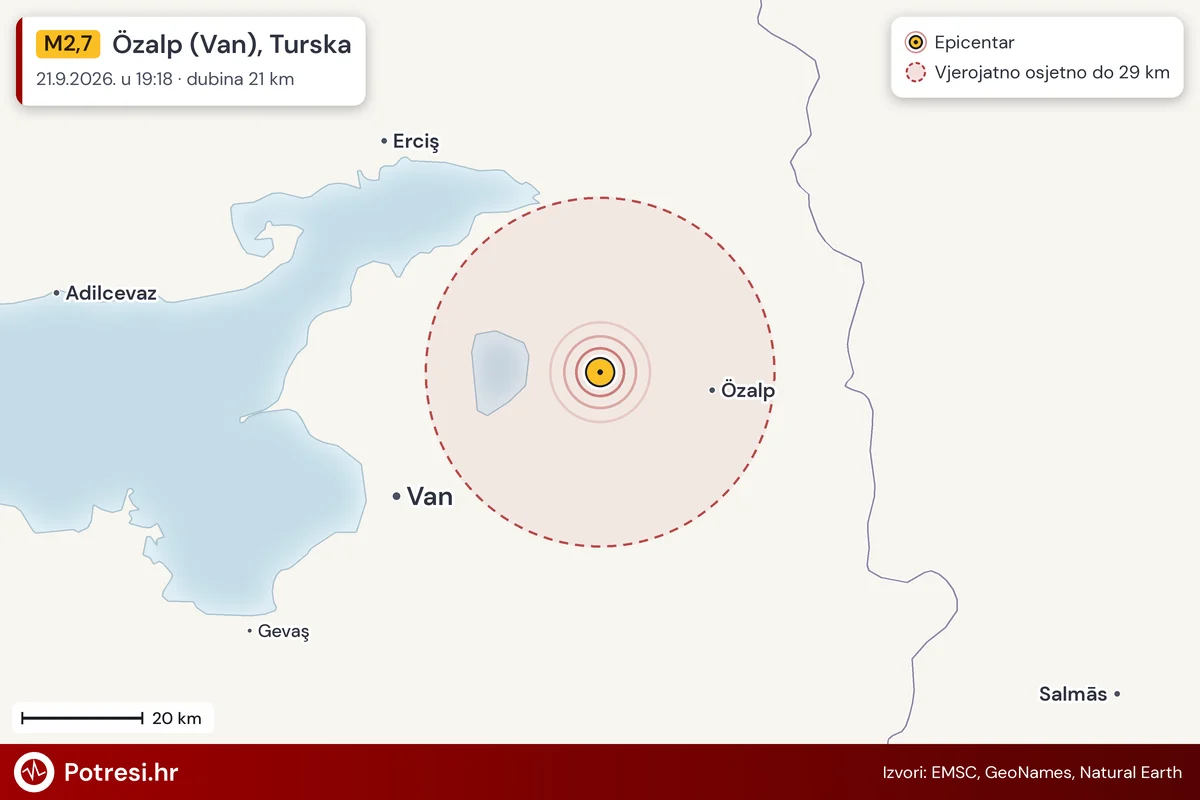 Karta: šire područje i vjerojatni doseg osjeta, potres M2,7, Özalp (Van), Turska, 21.9.2026.