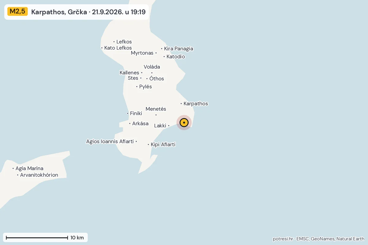 Karta: okolica epicentra, 60 km, potres M2,5, Karpathos, Grčka, 21.9.2026.
