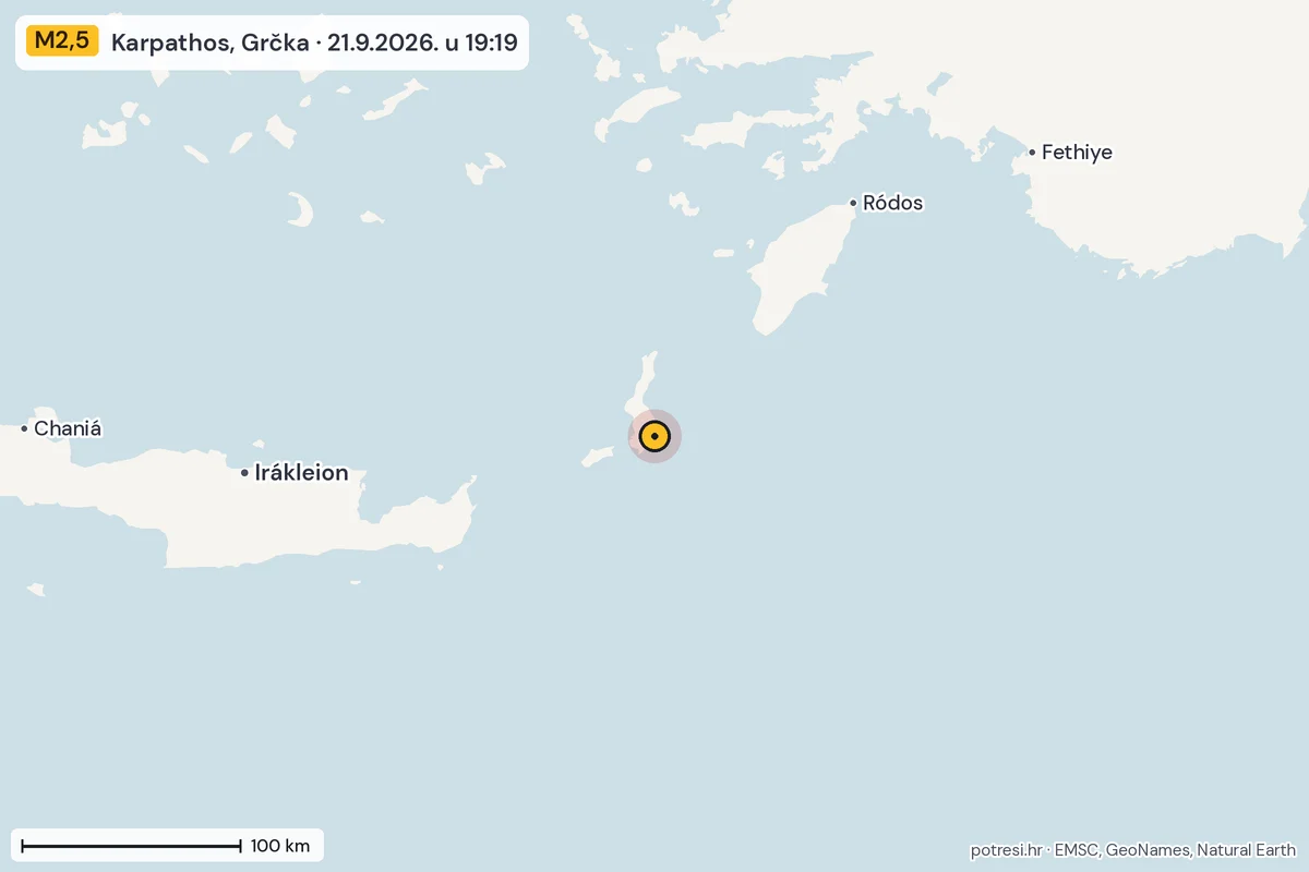Karta: šire područje, 600 km, potres M2,5, Karpathos, Grčka, 21.9.2026.