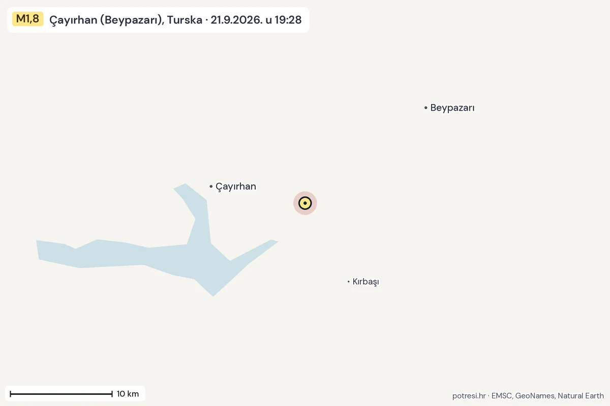 Karta: okolica epicentra, 60 km, potres M1,8, Çayırhan (Beypazarı), Turska, 21.9.2026.