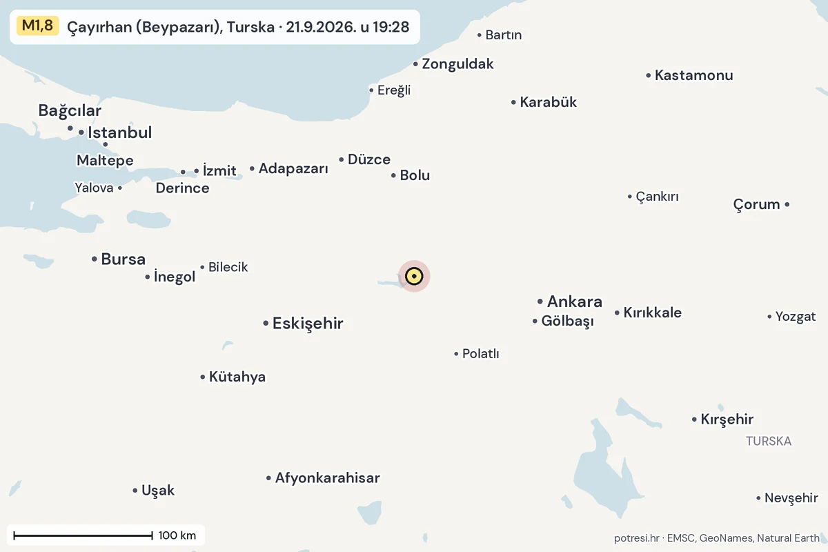 Karta: šire područje, 600 km, potres M1,8, Çayırhan (Beypazarı), Turska, 21.9.2026.