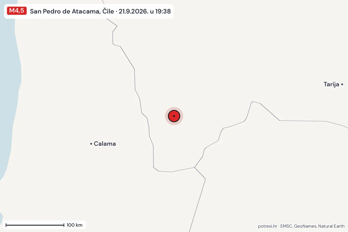 Karta: šire područje, 600 km, potres M4,5, San Pedro de Atacama, Čile, 21.9.2026.