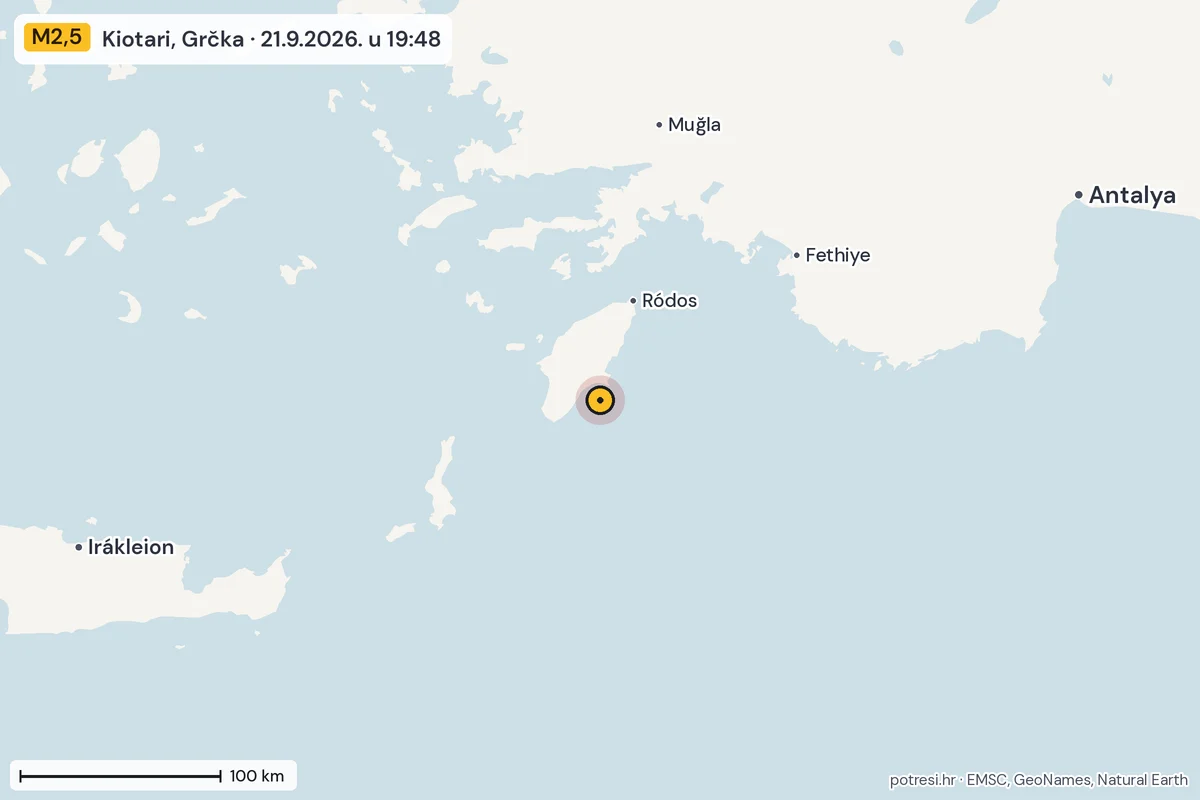 Karta: šire područje, 600 km, potres M2,5, Kiotari, Grčka, 21.9.2026.