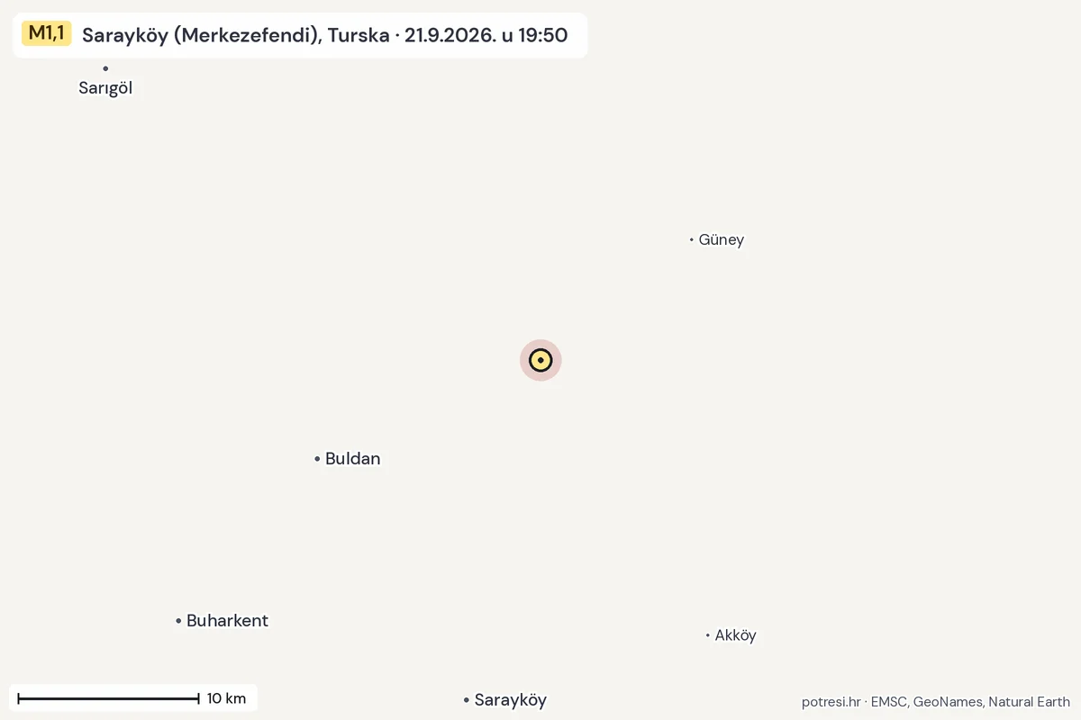 Karta: okolica epicentra, 60 km, potres M1,1, Sarayköy (Merkezefendi), Turska, 21.9.2026.