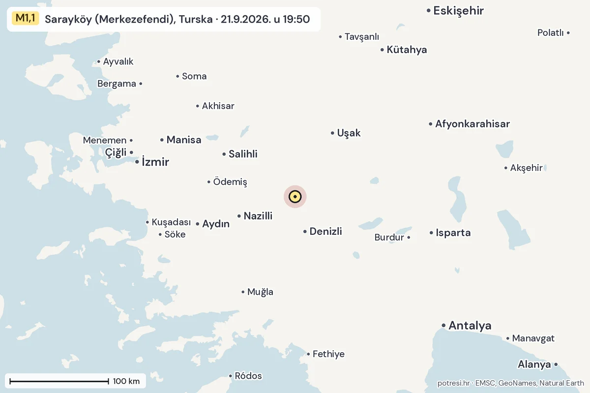 Karta: šire područje, 600 km, potres M1,1, Sarayköy (Merkezefendi), Turska, 21.9.2026.