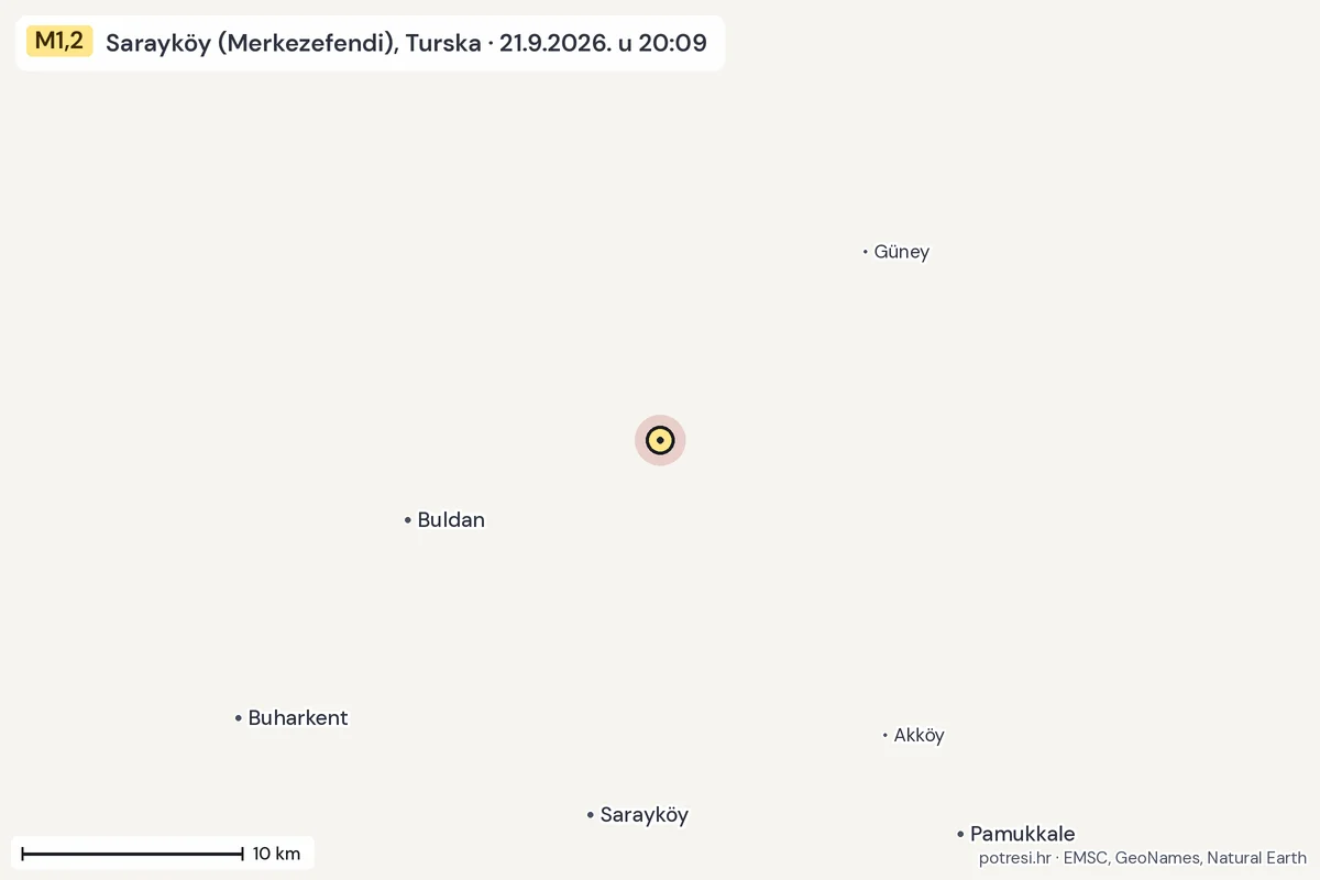 Karta: okolica epicentra, 60 km, potres M1,2, Sarayköy (Merkezefendi), Turska, 21.9.2026.