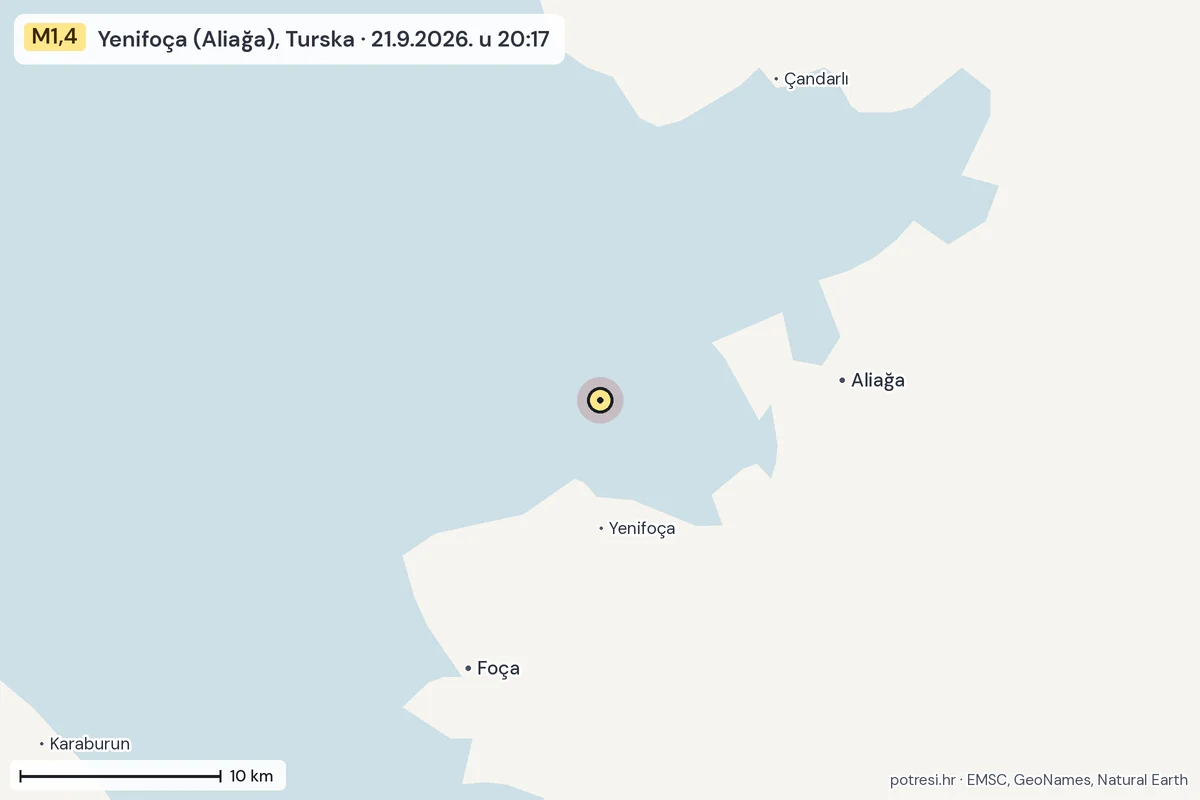 Karta: okolica epicentra, 60 km, potres M1,4, Yenifoça (Aliağa), Turska, 21.9.2026.