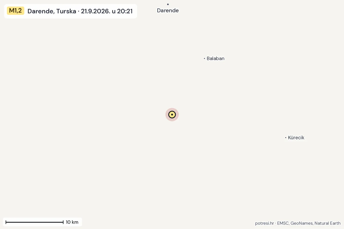 Karta: okolica epicentra, 60 km, potres M1,2, Darende, Turska, 21.9.2026.